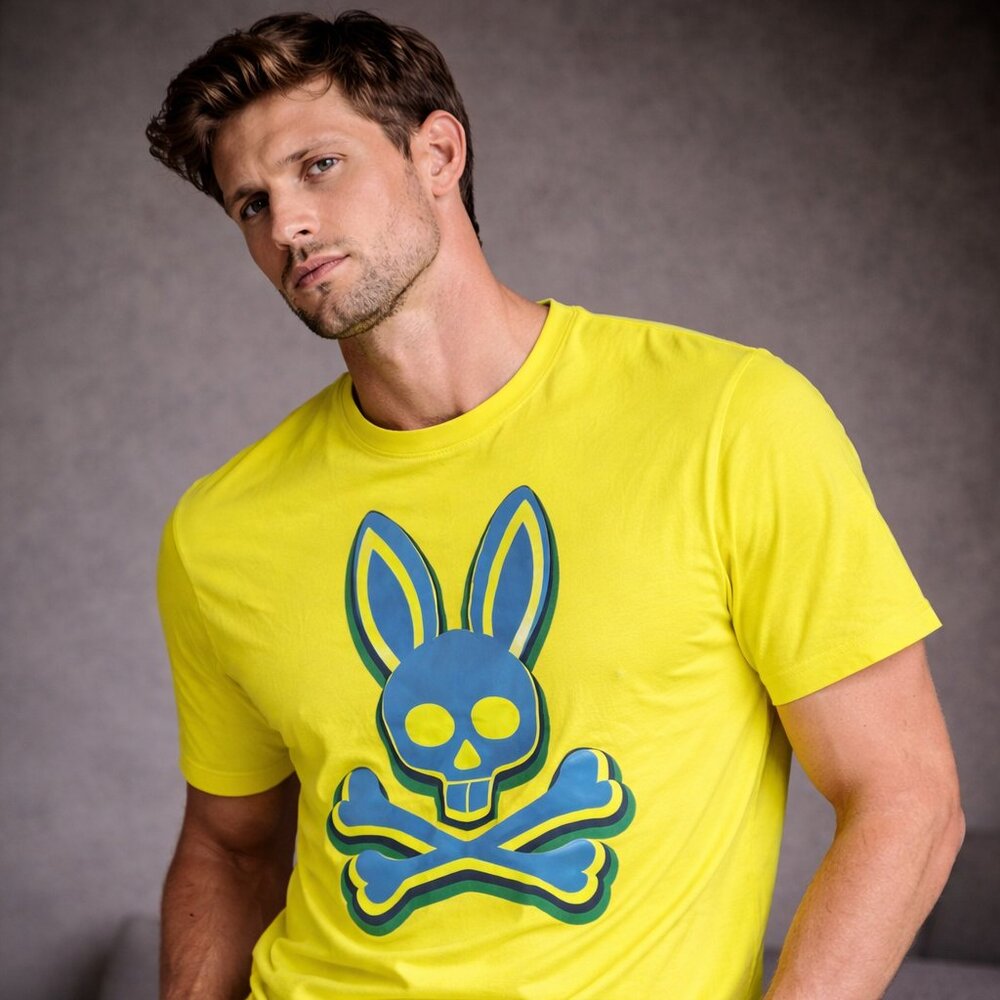 Psycho Bunny Neon Yellow Graphic Tee – Size 5 (100% Pima Cotton)